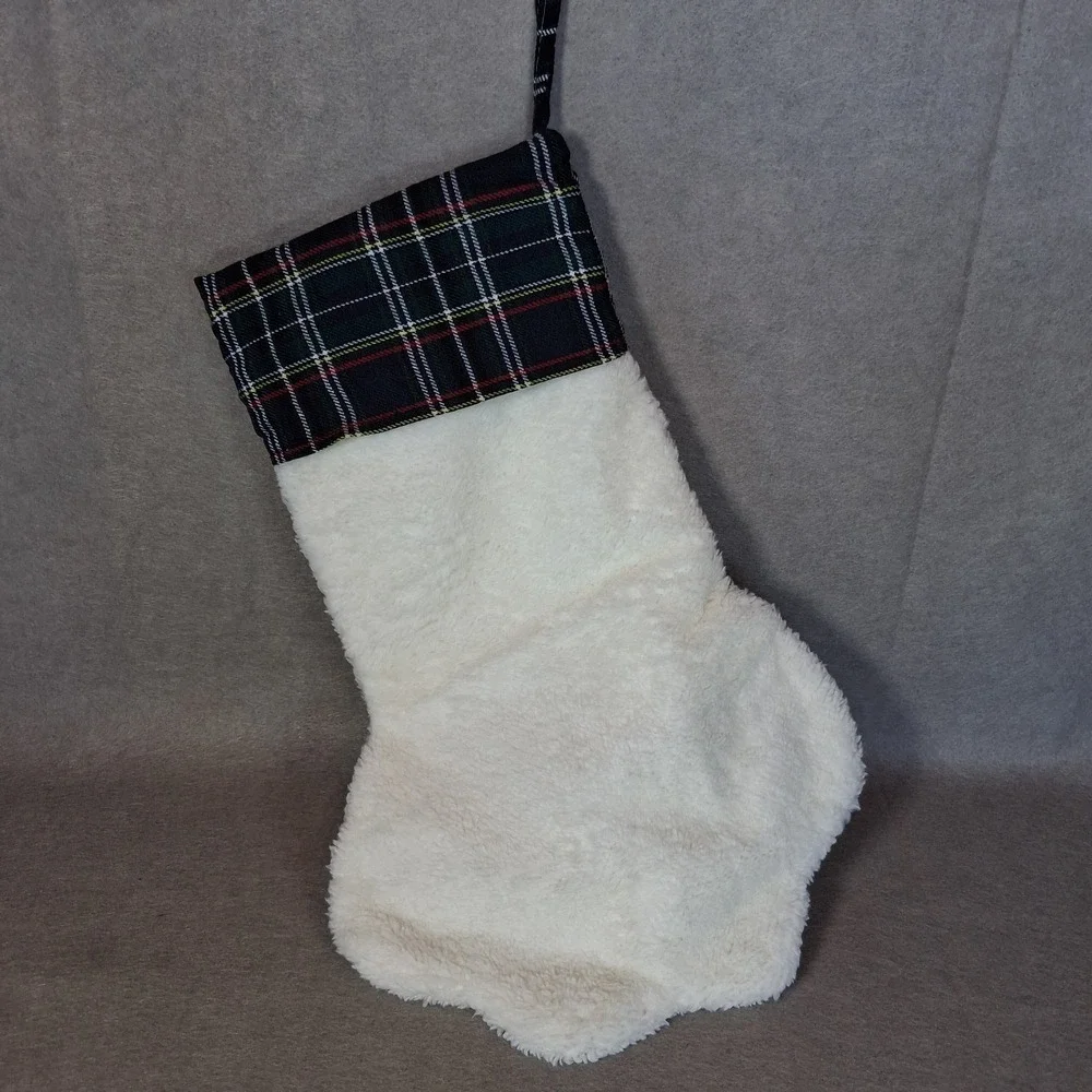 Cat Paw Christmas Stocking Plaid Cuff Fish Bone Charms White Sherpa Pet Holiday